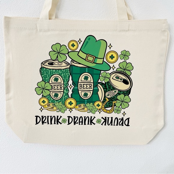 St. Patrick’s Day “Drink Drank Drunk” Canvas Tote Bag - Picture 1 of 3